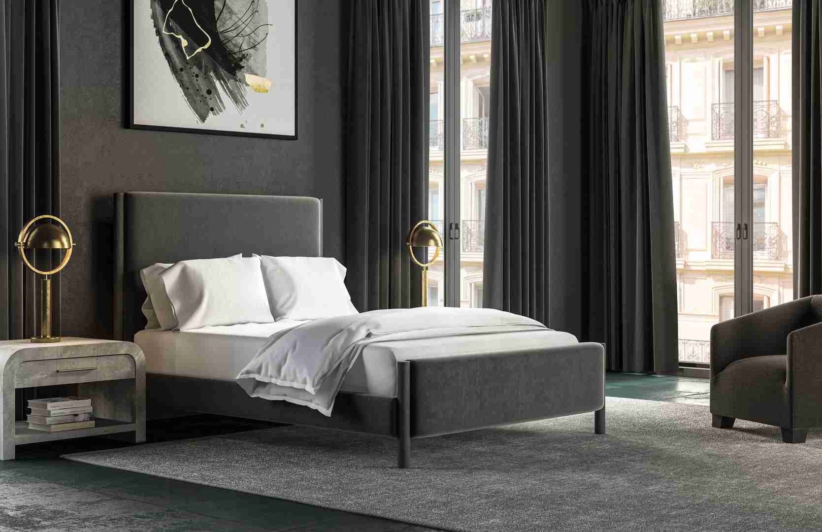 Saatva Milan Bedframe in Graphite Vintage Velvet in a luxury bedroom.