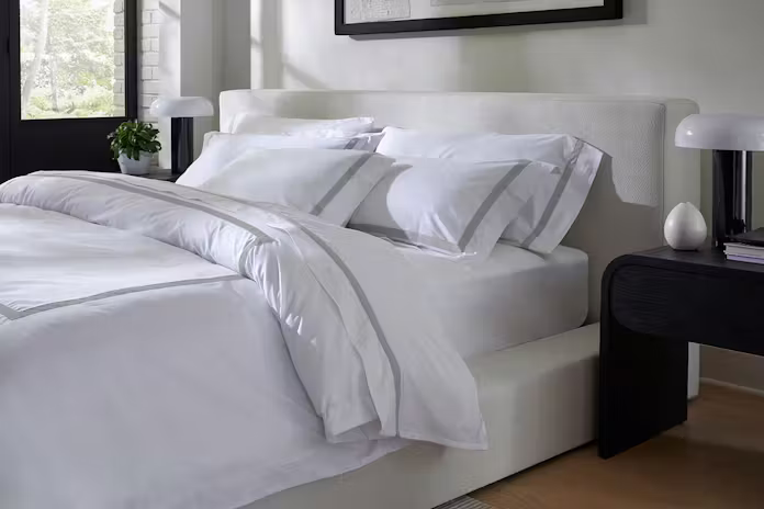 banded percale sheet set lifestyle angle ash